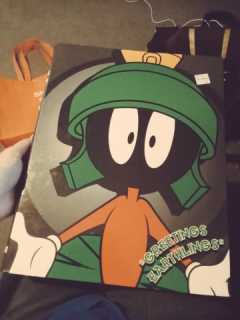 Binder with Marvin the Martian on it.